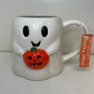 👻🎃 TRICK + TREAT Hand Painted Ceramic Ghost Mug New